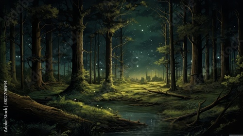 Quiet forest clearing at night, stars visible through tree tops, and night sounds,
