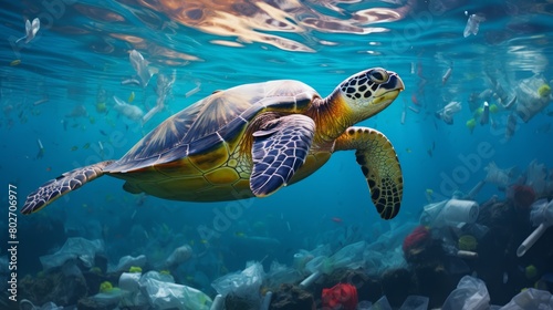 A sea turtle gracefully swimming past discarded plastic bottles, highlighting ocean pollution,