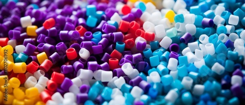 Close-up of colorful plastic granules for injection molding, focusing on the materials and vibrant colors used in plastic production,