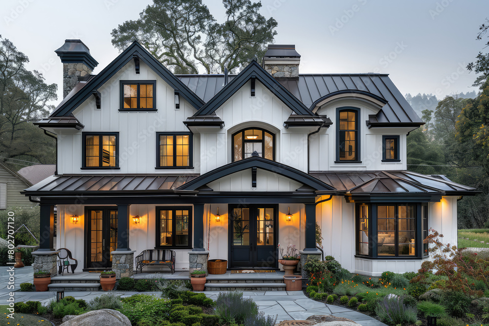 A photo of a large white and black new traditional home with a gable roof, front porch, shingle style windows, in the style of modern architecture. Created with Ai