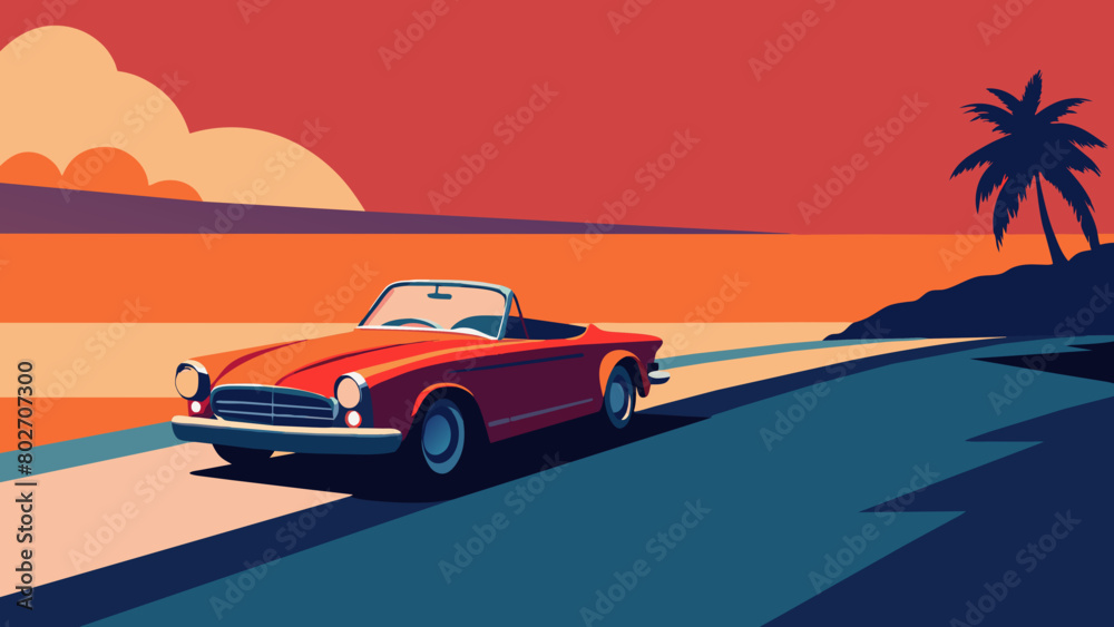 Classic Red Convertible Car on a Coastal Road at Sunset