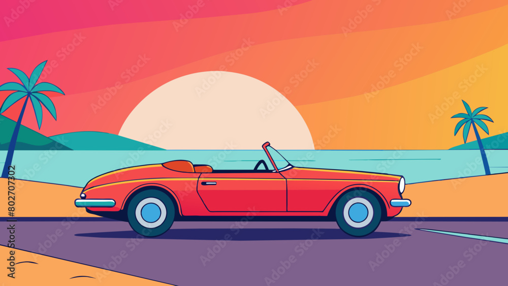 Vintage Convertible Under Tropical Sunset on Coastal Road