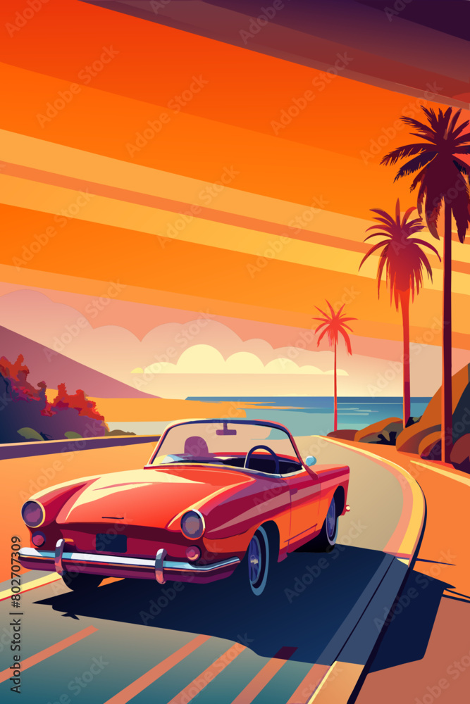 Classic Car Cruising on Coastal Highway at Sunset