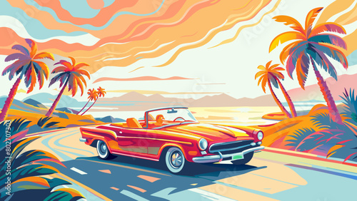 Retro Convertible Car on Coastal Highway During Sunset
