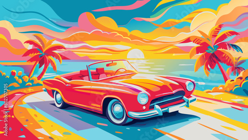 Vintage Convertible Car on Scenic Coastal Road at Sunset
