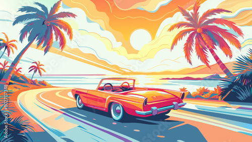 Vintage Car Cruising at Sunset on Tropical Coastal Road