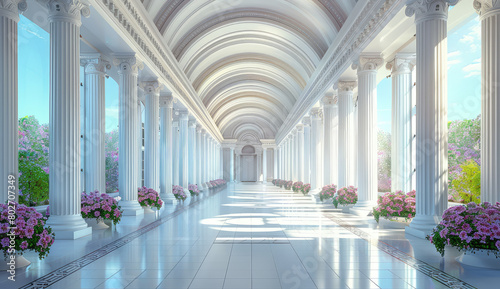 A white hall with columns and arches, rendered in a hyper realistic. Created with Ai © Picture
