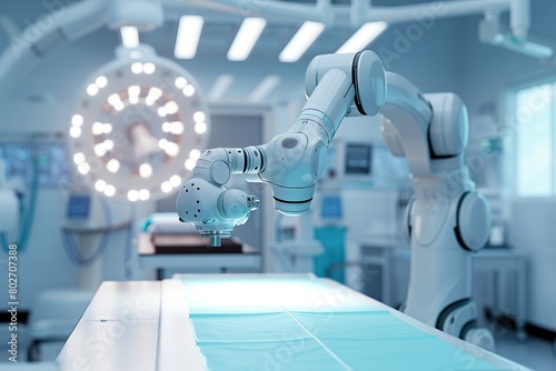 robot operating in an operating room, surrounded by medical equipment and monitors.