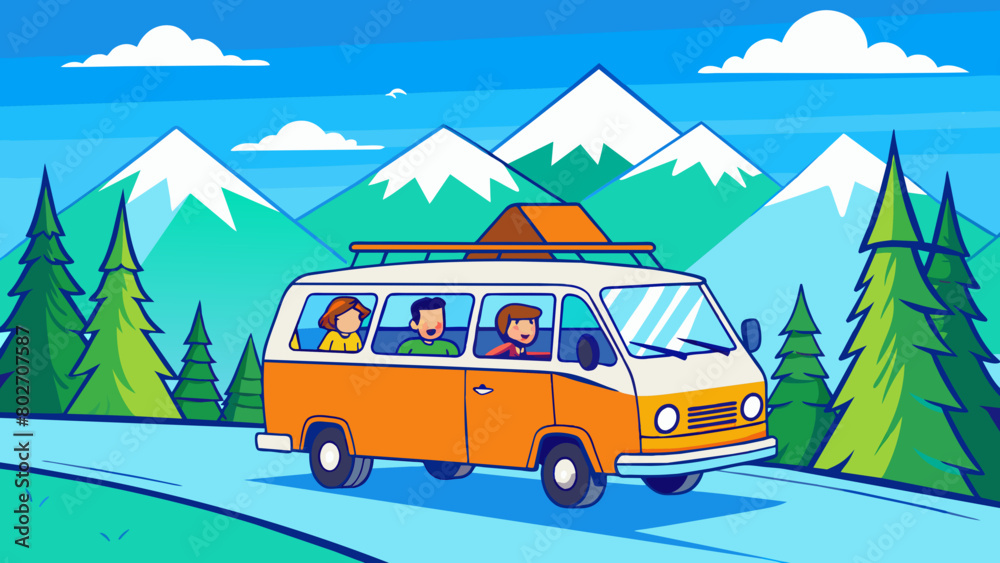 Family Road Trip in Vintage Van Through Mountainous Landscape