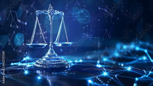 Digital law concept with scales of justice symbolizing modern judiciary system. Concept Digital Law, Scales of Justice, Modern Judiciary, Legal Technology, Courtroom Technology