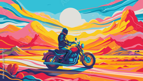 Vibrant Motorcycle Adventure in Surreal Colorful Landscape