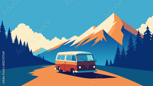 Vintage Camper Van on Mountain Road Trip at Sunset
