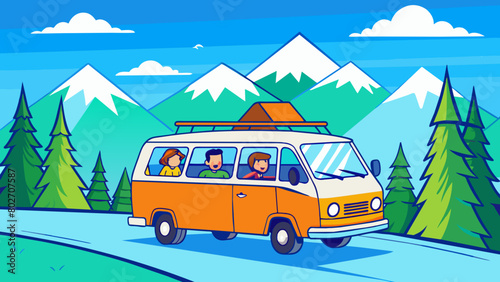 Family Road Trip in Vintage Van Through Mountainous Landscape