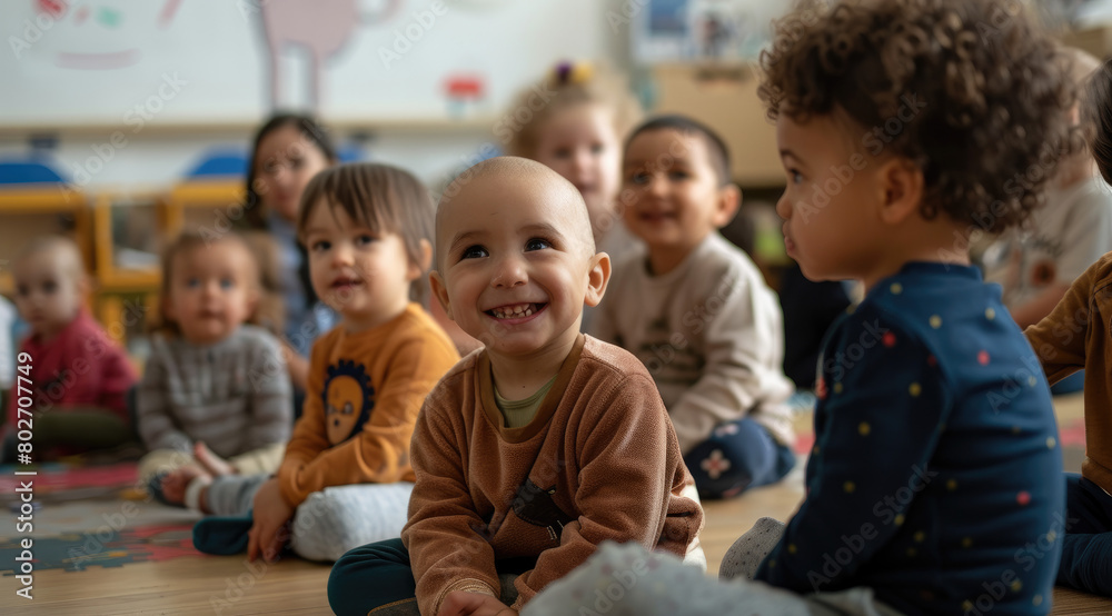 A group of young children sitting on the floor in their nursery class, listening to an animation with smiling faces and excitement.