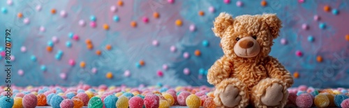 Horizontal banner, International Children's Day, teddy bear, many colored candies on light background, children's treat, copy space, free space for text, default image, 4k wallpaper, event background  © Da