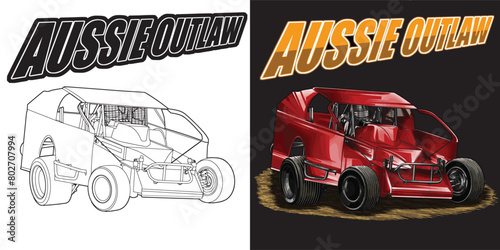 Outline and painted racing car. Isolated in black background, for t-shirt design, print, and for business purposes.
