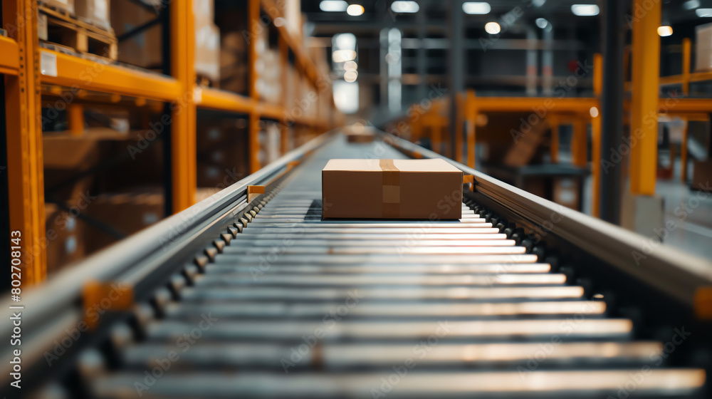 Package moving along a conveyor belt in a warehouse during daytime Package moving along a conveyor belt in a warehouse during daytime