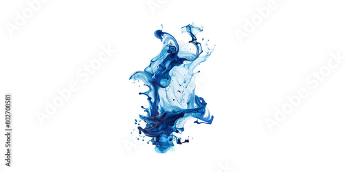 A blue and white water splash, with ink color flowing on the surface of the liquid. The colors blend together to create an abstract shape that resembles a dragon or phoenix. It is set against a pure w