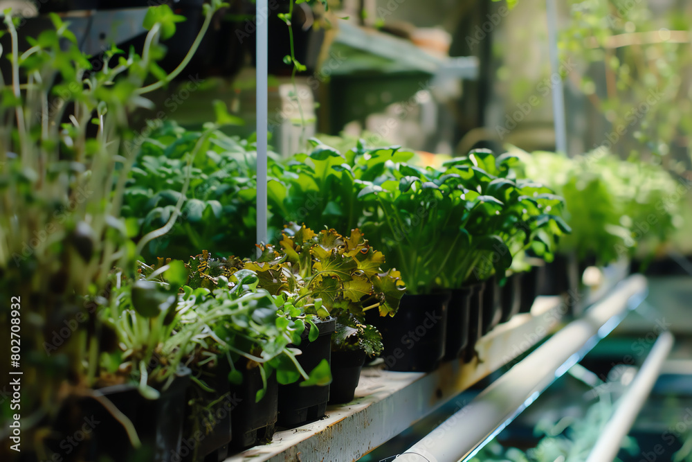 Fresh herbs growing in pots on shelves in a greenhouse during daytime Fresh herbs growing in pots on shelves in a greenhouse during daytime