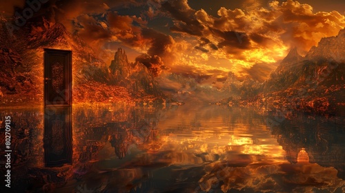 Surreal vision of hell with a reflective lake in the forefront, fire engulfing the land, and a solitary door standing amidst the chaos