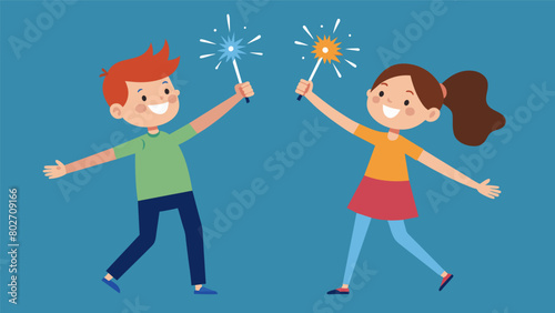 A boy and girl highfiving each other while holding sparklers celebrating the spirit of independence.. Vector illustration