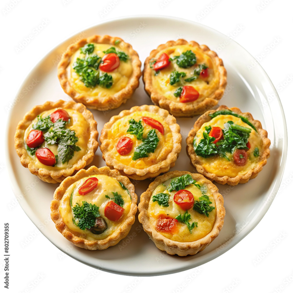A plate on mini quiches isolated on transparent background.