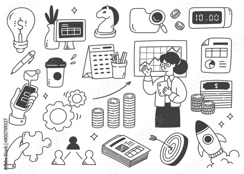 set of hand drawn business concept doodle icons 