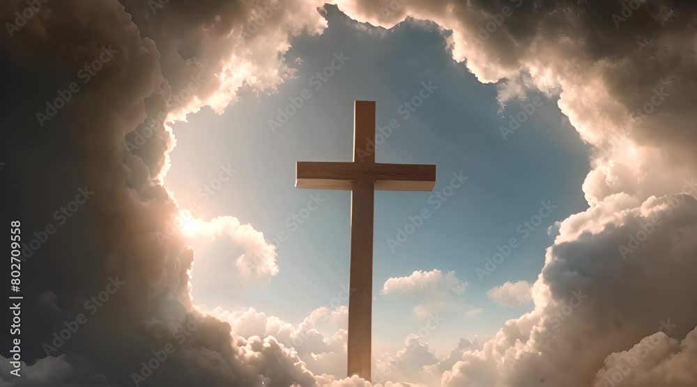 Serene cloudscape with a symbolic cross emerging overhead Serene cloudscape with a symbolic cross emerging overhead