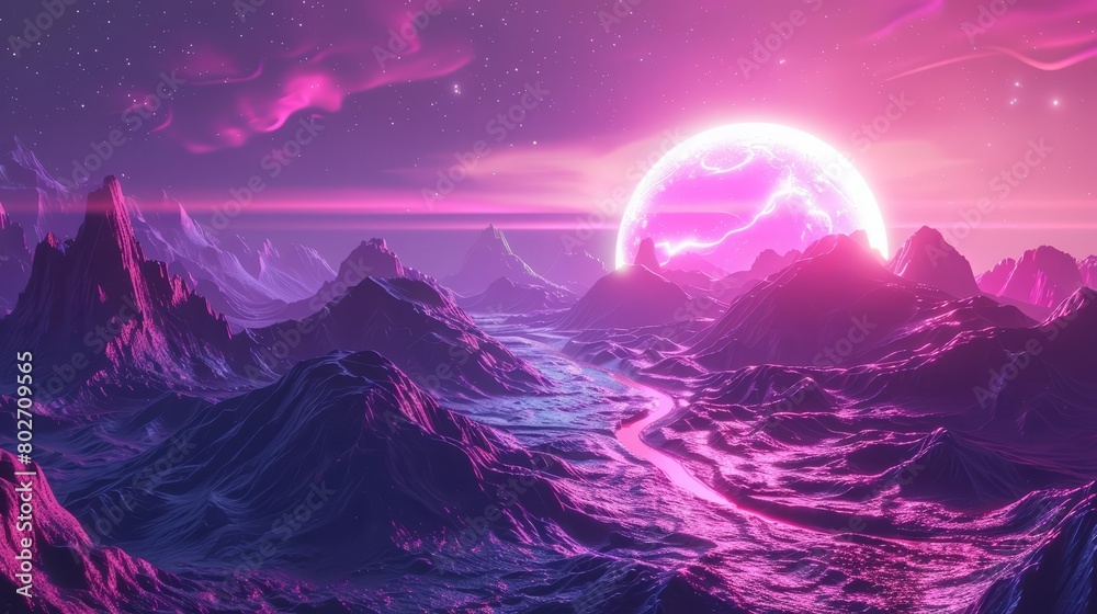 A 3D render of a futuristic fantasy landscape where neon abstract space backgrounds merge with vivid synthwave colors, Sharpen Landscape background