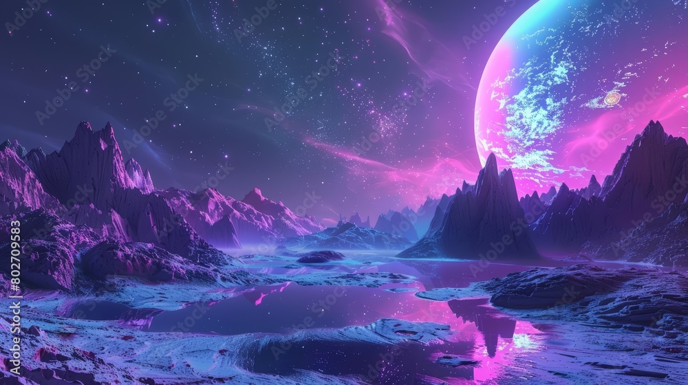 Naklejka premium A 3D render of a futuristic fantasy landscape where neon abstract space backgrounds merge with vivid synthwave colors, Sharpen Landscape background
