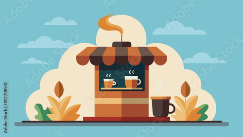 The aroma of freshly brewed coffee wafts from the upcycled container stall serving steaming cups of java to eager shoppers.. Vector illustration