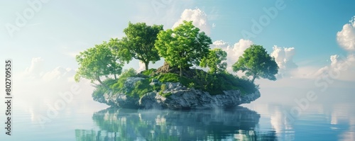 A 3D render of a floating forest island  vibrant and lush atop a tranquil sea  Sharpen Landscape background