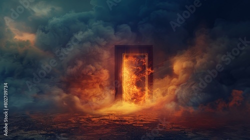 The door to hell concept, biblical and horrifying, with dark smoke, flames, and the echoes of souls in torment, mist and cobwebs adding to the dread