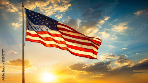 American flag waving at sunset vibrant sky