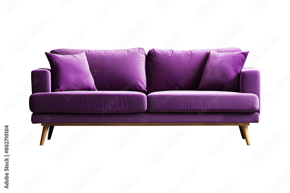 Fototapeta premium Modern empty purple leather sofa with pillow placed on top isolated on cut out PNG or transparent background. Decoration place in living room or drawing room. Modern interior by furniture decor.