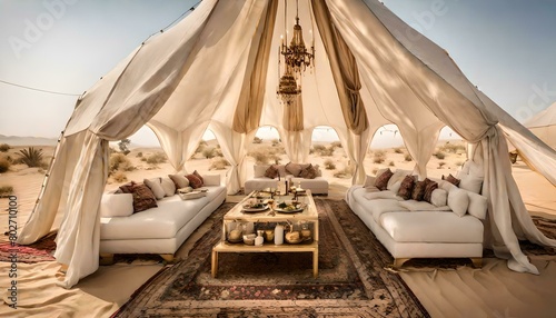 A beautiful tent with a banquet in an oasis in the middle of the desert. photo