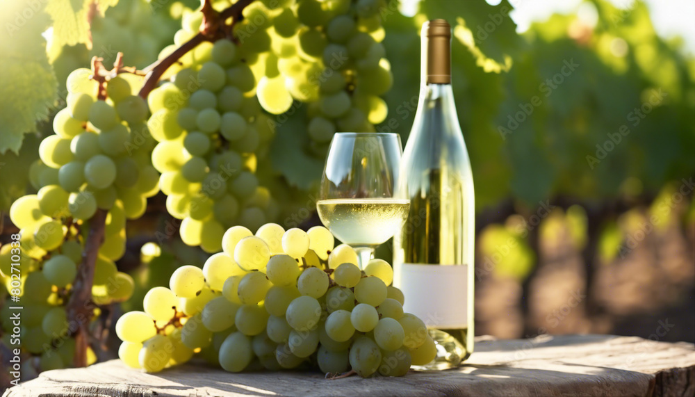 Fototapeta premium green grapes, white wine and one bottle of white wine vineyards in the background