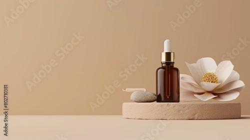 facial serum bottle in yellow color  placed on a white round podium in front of a beige background.
