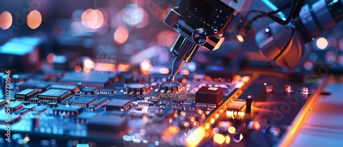 A robotic arm deftly manipulates microscopic circuit components, showcasing precision in modern manufacturing, Sharpen close up hitech concept with blur background photo