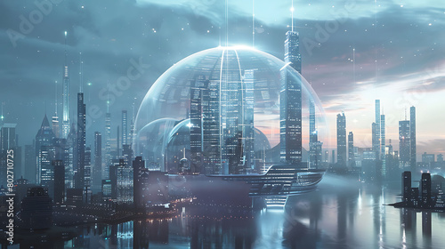 A futuristic cityscape with a protective digital dome, symbolizing a society safeguarded by advanced cyber security technologies.