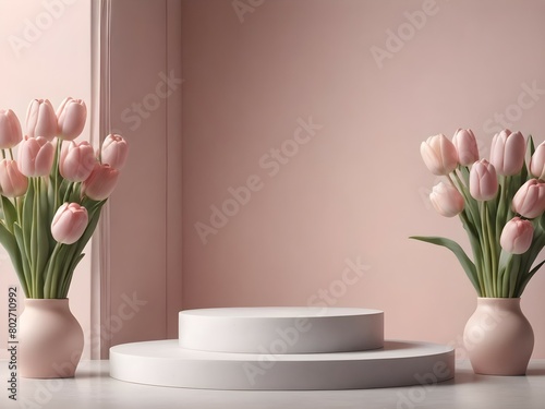 White product podium for product presentation and display with Tulips on pale pink background
