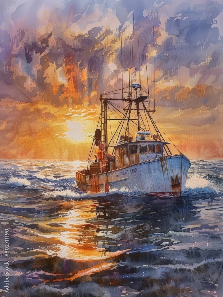 Obraz premium Watercolor painting of a fishing boat. The fishing boats go out to catch fish in the evening. Use for phone wallpaper, posters