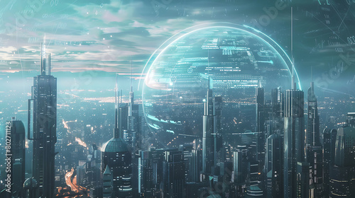 A futuristic cityscape with a protective digital dome, symbolizing a society safeguarded by advanced cyber security technologies.