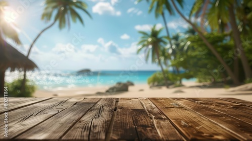 A wooden table with a blur tropical beach view stretches invitingly in the foreground, capturing the essence of a perfect summer holiday, Sharpen 3d rendering background
