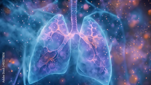  3D rendering of human lungs, showing glowing structures and vibrant colors representing healthiness in the lungs