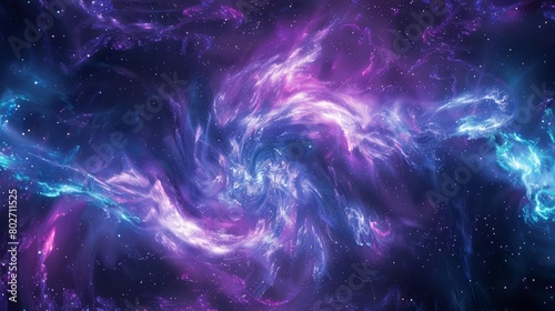 Background of swirling nebulae in hues of deep purple and electric blue creates an Abstract futuristic electronic circuit