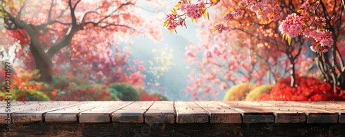 Beneath the cherry blossom flower, a wooden table offers a tranquil spot for contemplation within the vibrant hues of the autumn color landscape, Sharpen 3d rendering background photo