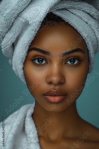 Beautiful woman with towel around her head
