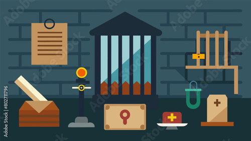 A daring escape room set in a jail cell where players must use their knowledge of the Constitution to break free from unjust imprisonment.. Vector illustration