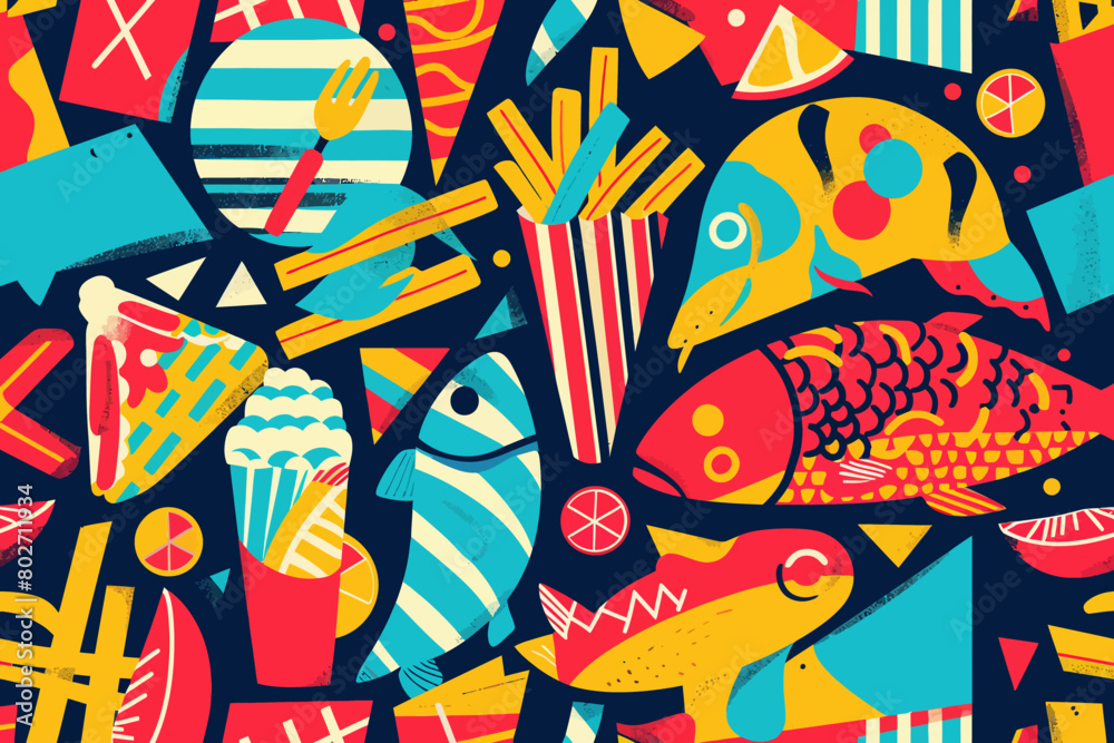 Obraz premium A digital illustration of retro fish and chip pattern